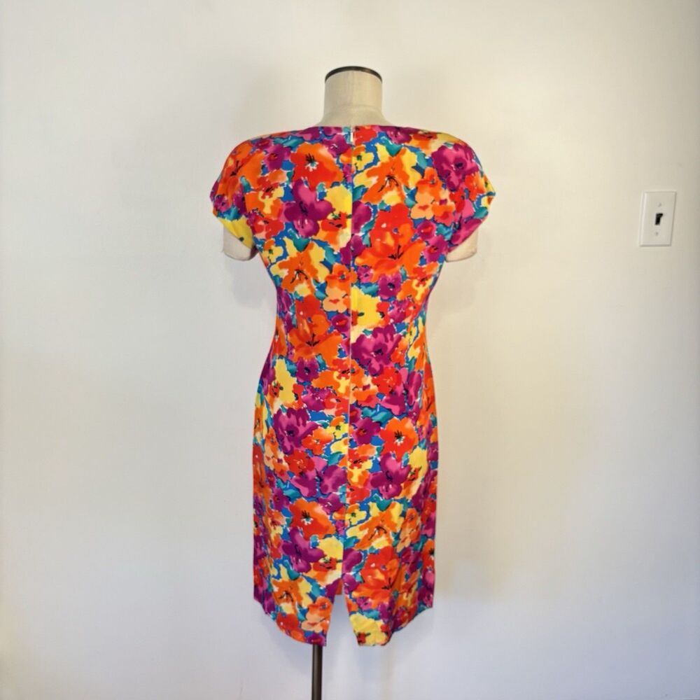VTG 80s 90s Saks Fifth Avenue Womens 6 Silk Bright Abstract Floral Sheath Dress - Picture 6 of 9